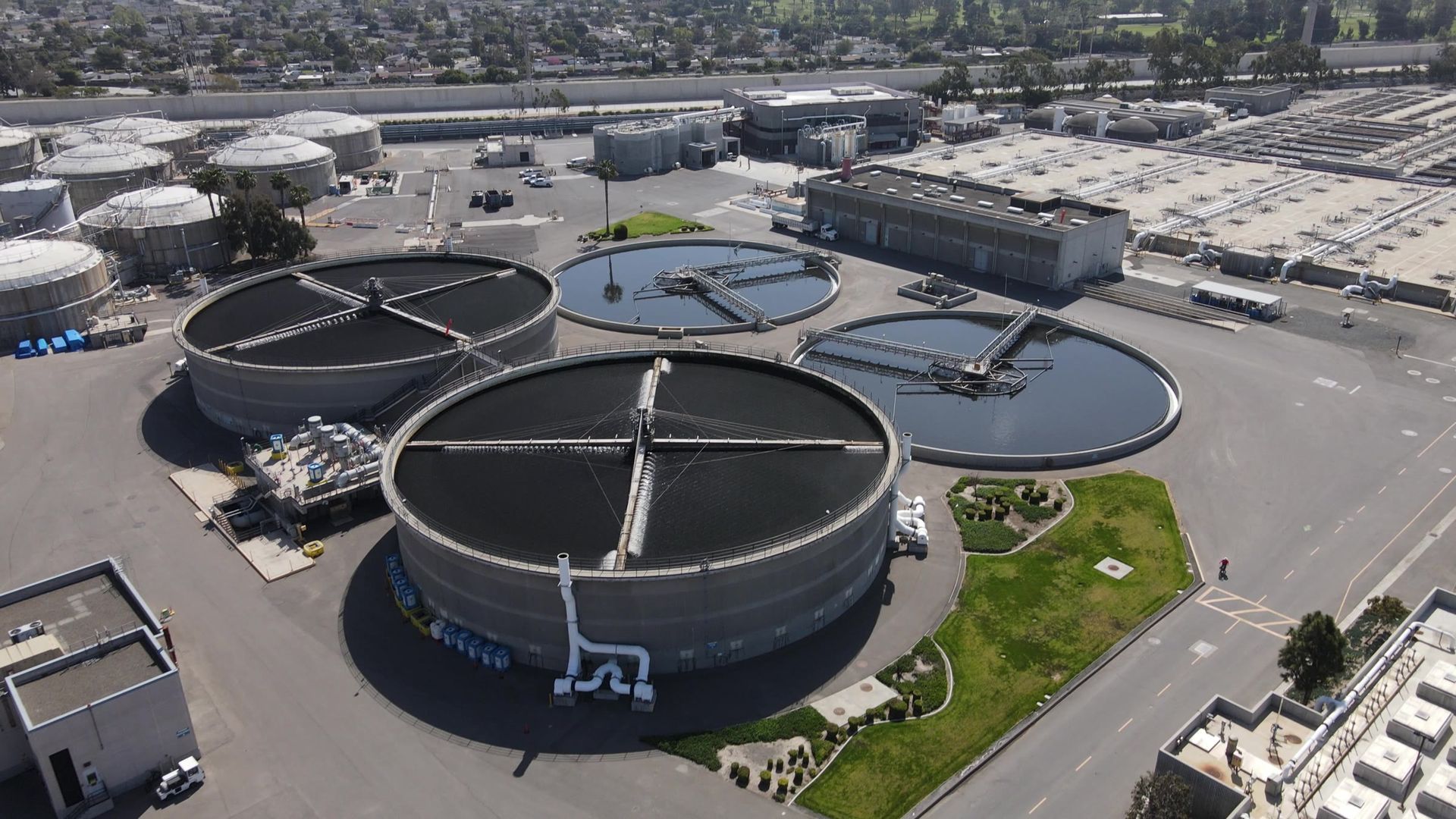 An aerial view of a municipal wastewater treatment plant